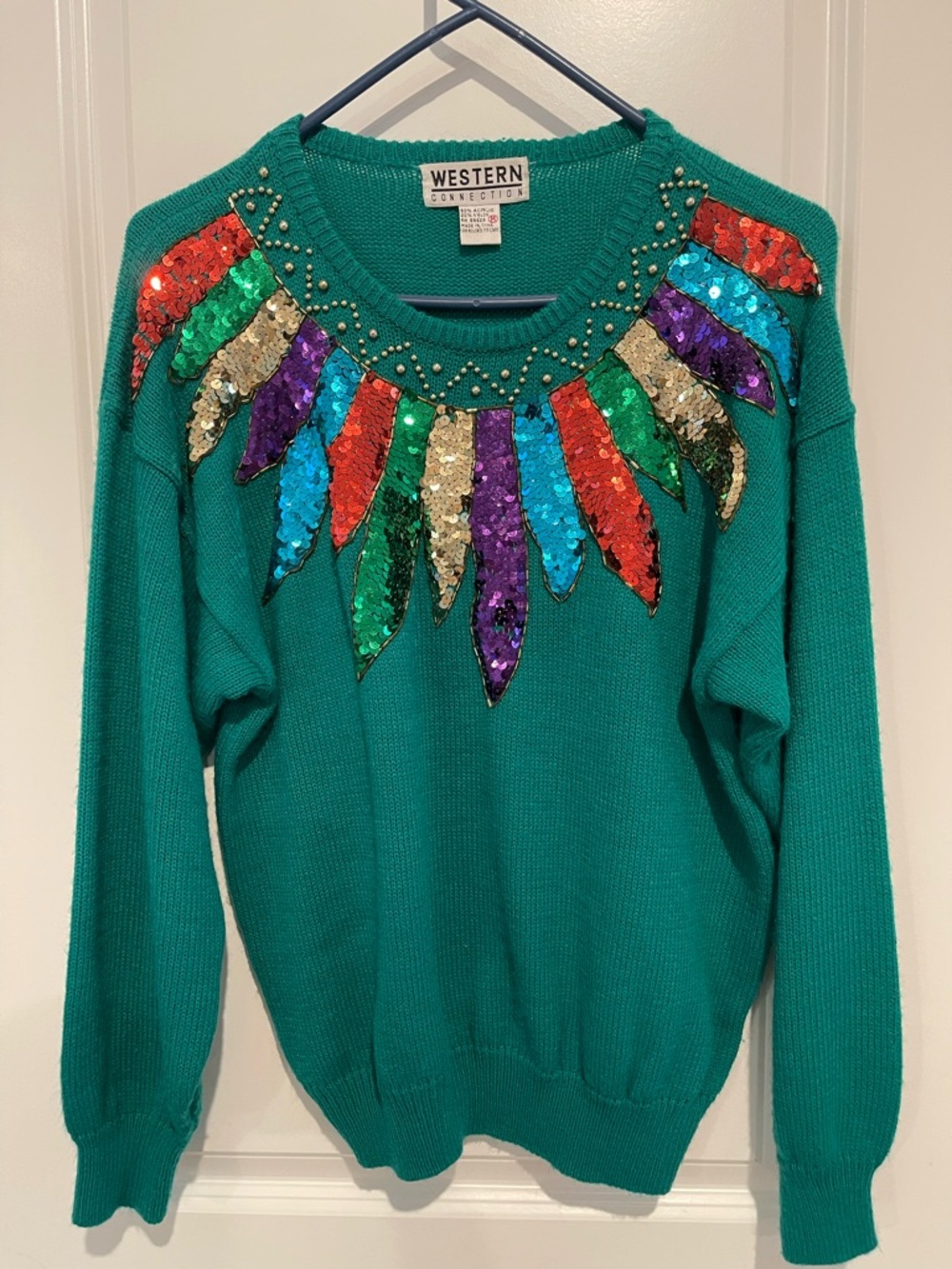 Western Connection Teal Sequin Feather-Accent Sweater - Picture 2 of 6